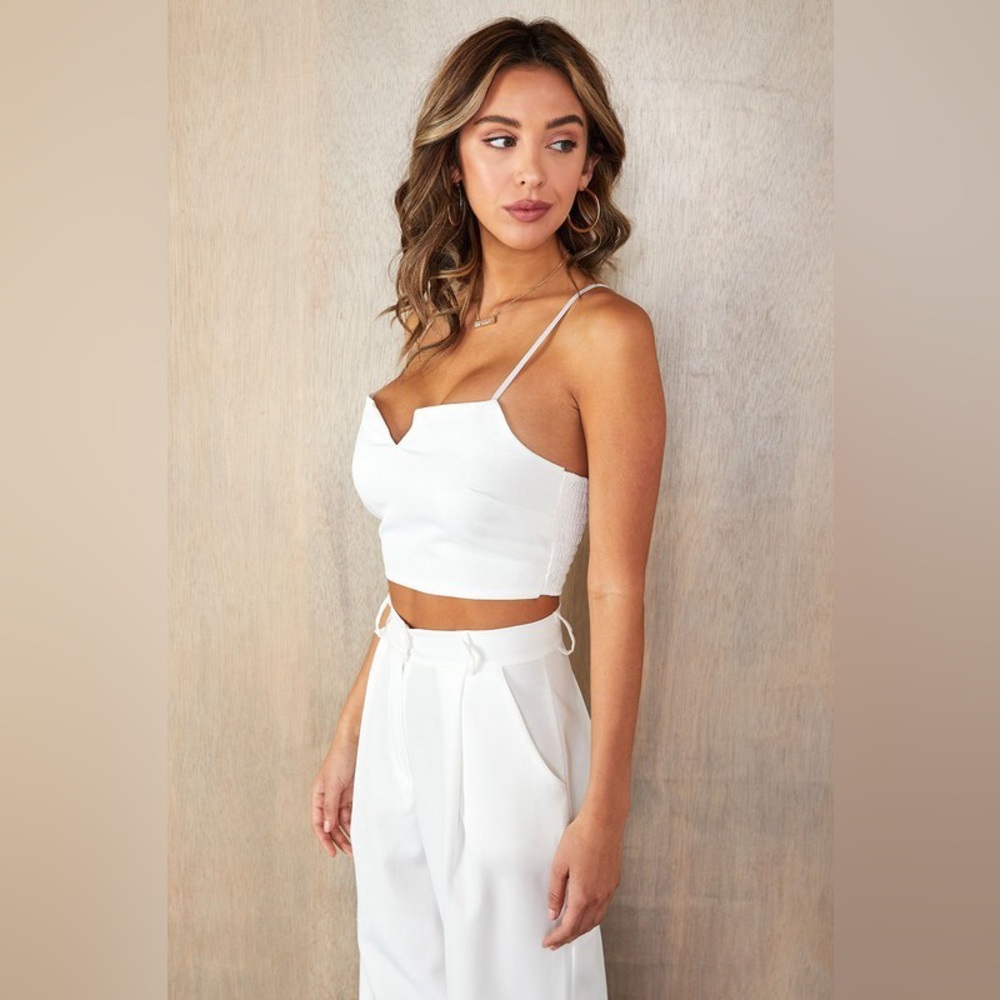 (50617-TOP-WHT) SPAGHETTI STRAP PADDED CROP TOP SHIRRED BACK - Picture 2 of 4